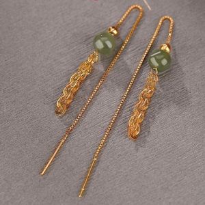 Solid 925 Sterling Silver Natural Jade Tassel Vintage Earring